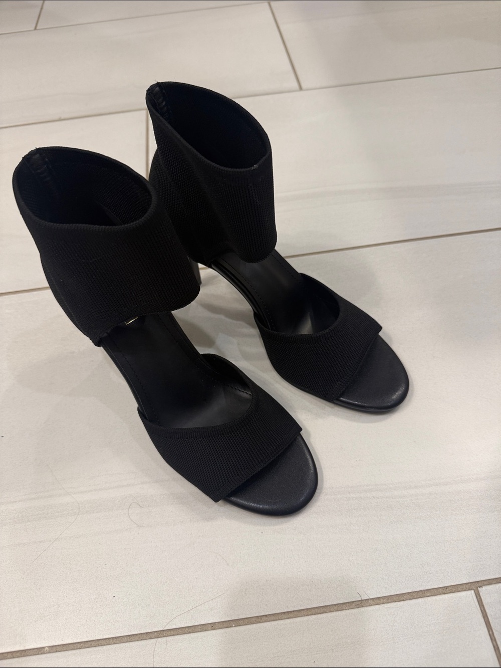 Modern Black Knit Ankle-Cuff Open-Toe Heels